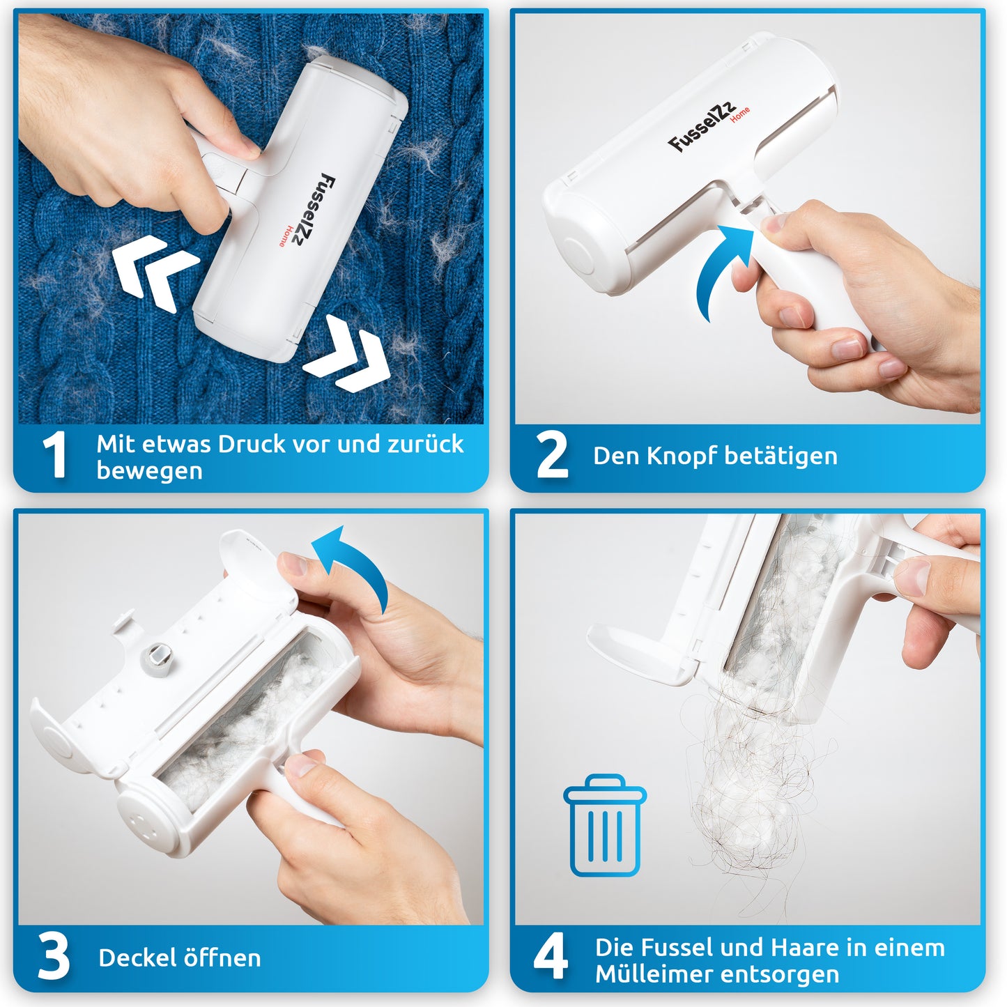 FusselZz® Home Premium Fusselrolle weiß/blau - Selbstreinigend und wiederverwendbar